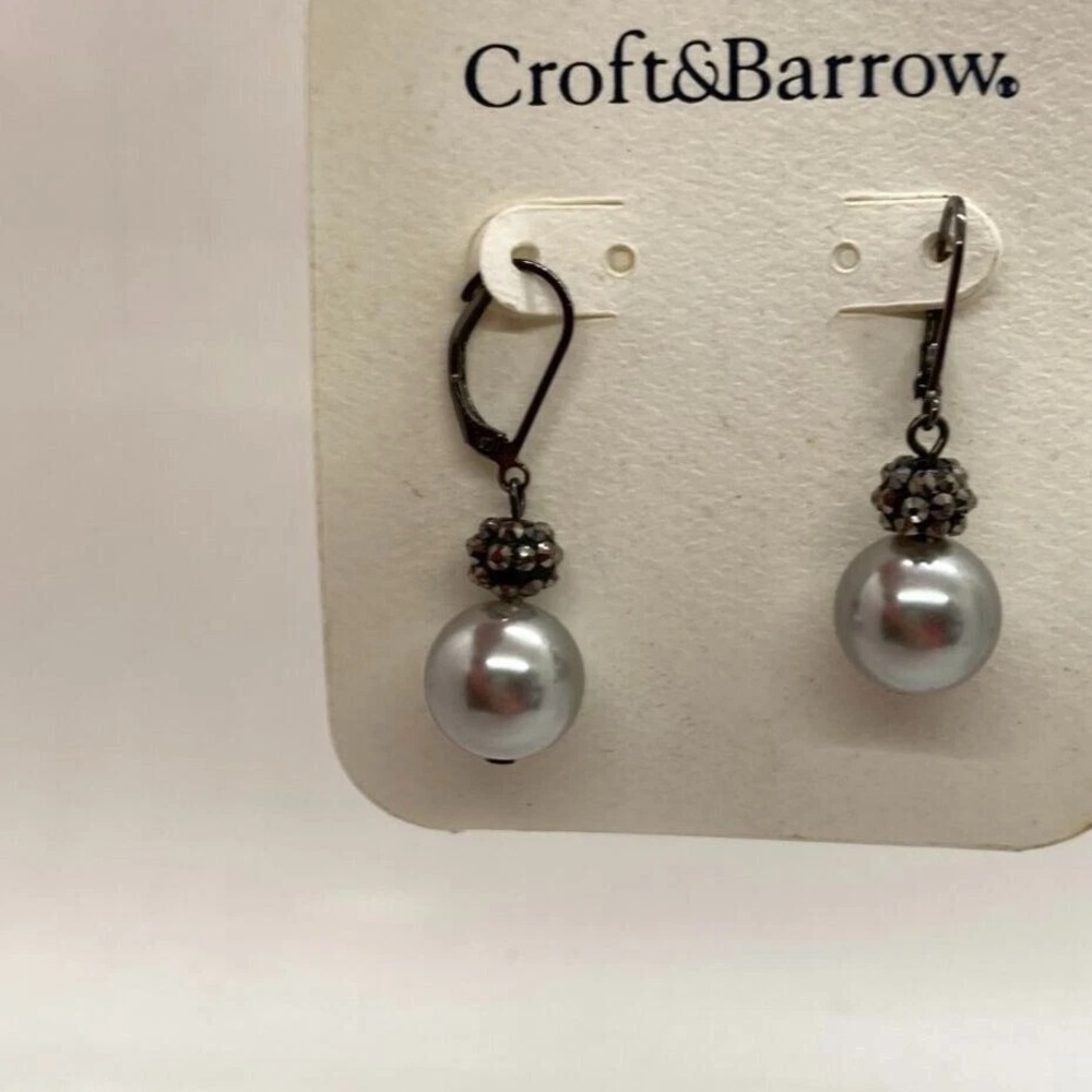 Croft & Barrow Gray‎ Faux Pearl Leverback Drop Earrings Gunmetal Tone NWT